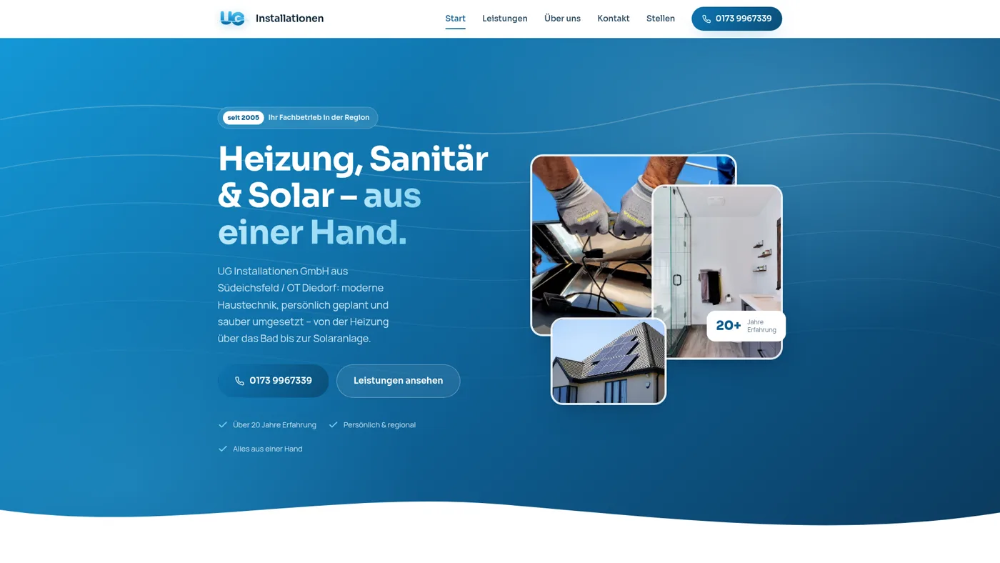 Startseite von UG Installationen: blaues Design mit der Headline „Heizung, Sanitär & Solar - aus einer Hand“ und Fotos von Handwerksprojekten